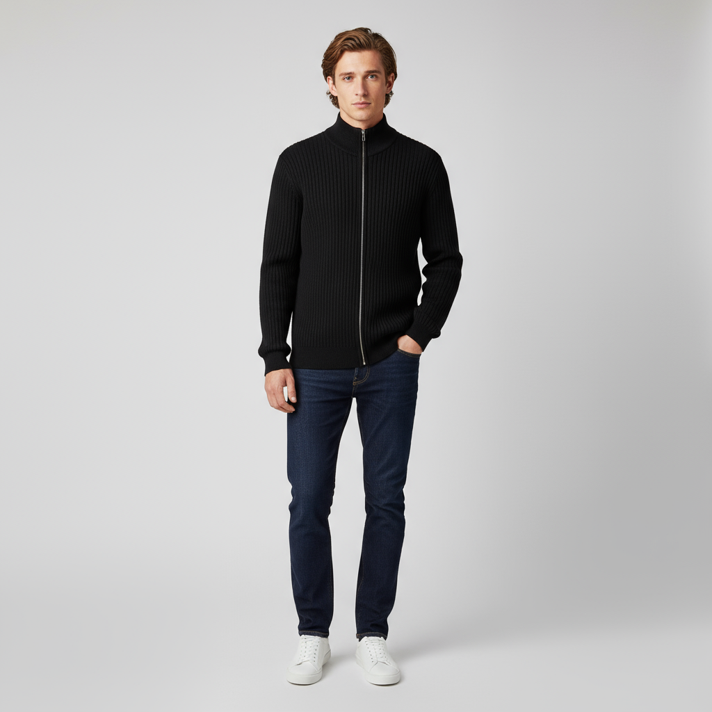 Мужская черная водолазка на молнии с высоким воротом из трикотажа в рубчик - индивидуальный приталенный дизайн