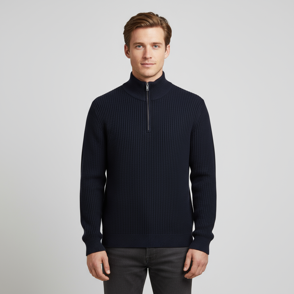 Мужской темно-синий свитер из трикотажа в рубчик с застежкой-молнией - Индивидуальный дизайн, облегающий фигуру