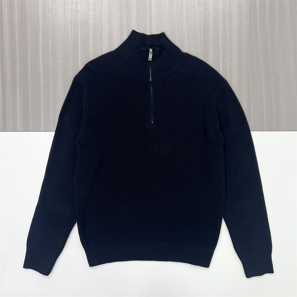 Мужской темно-синий свитер из трикотажа в рубчик с застежкой-молнией - Индивидуальный дизайн, облегающий фигуру