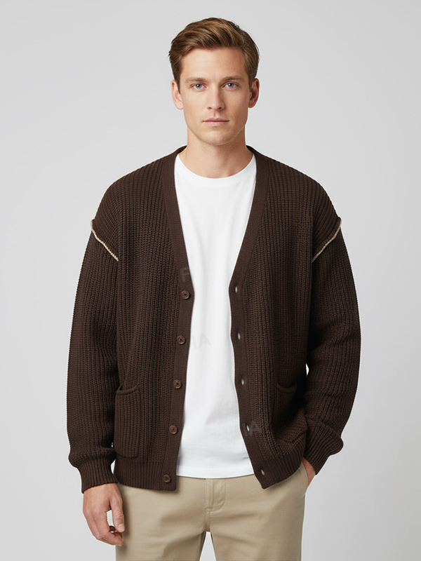 Мужской кардиган шоколадно-коричневого цвета из трикотажа в рубчик с V-образным вырезом и контрастной строчкой на заказ