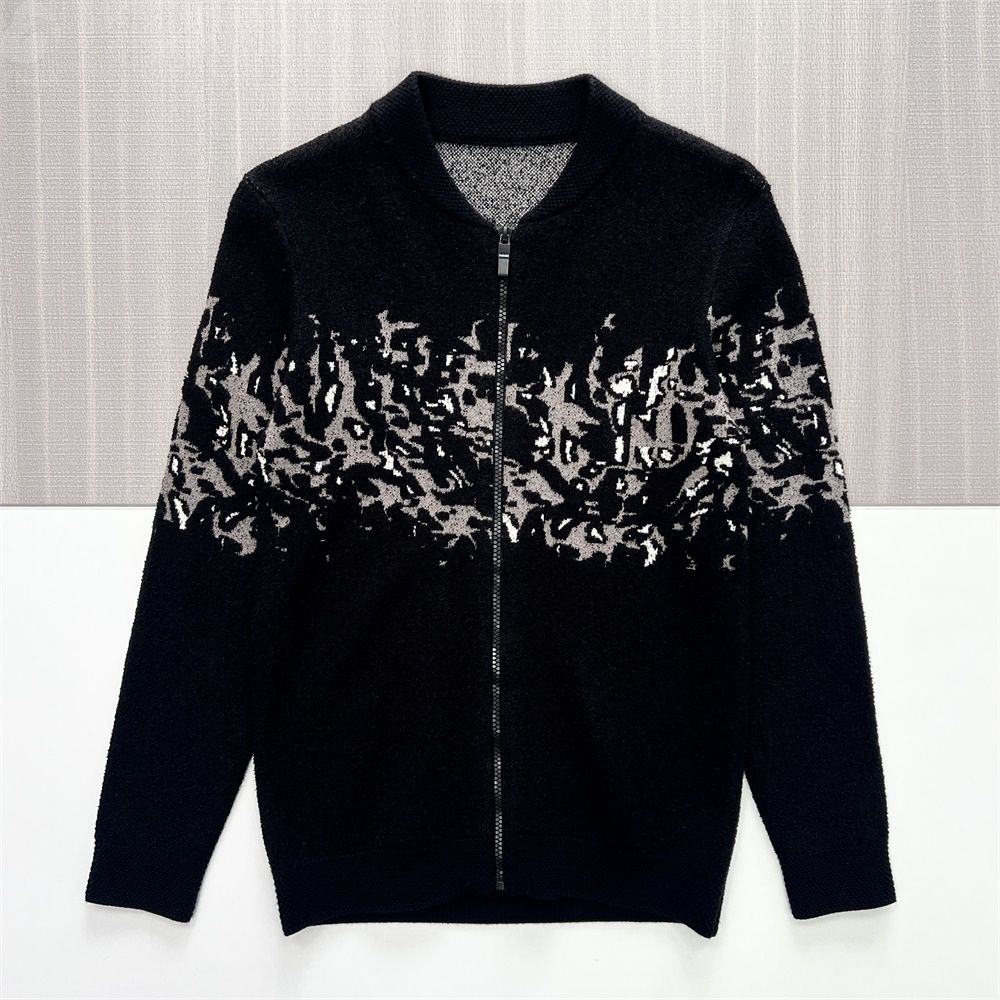 Мужская вязаная куртка-бомбер с абстрактным рисунком черного и серебристого цветов, застегивающаяся на молнию по индивидуальному заказу