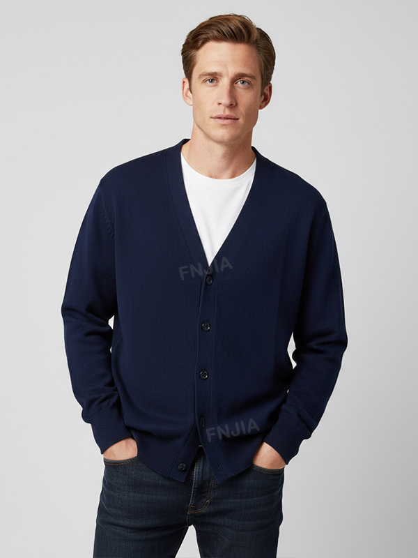 Мужской темно-синий вязаный кардиган с V-образным вырезом - Индивидуальный дизайн свободного кроя