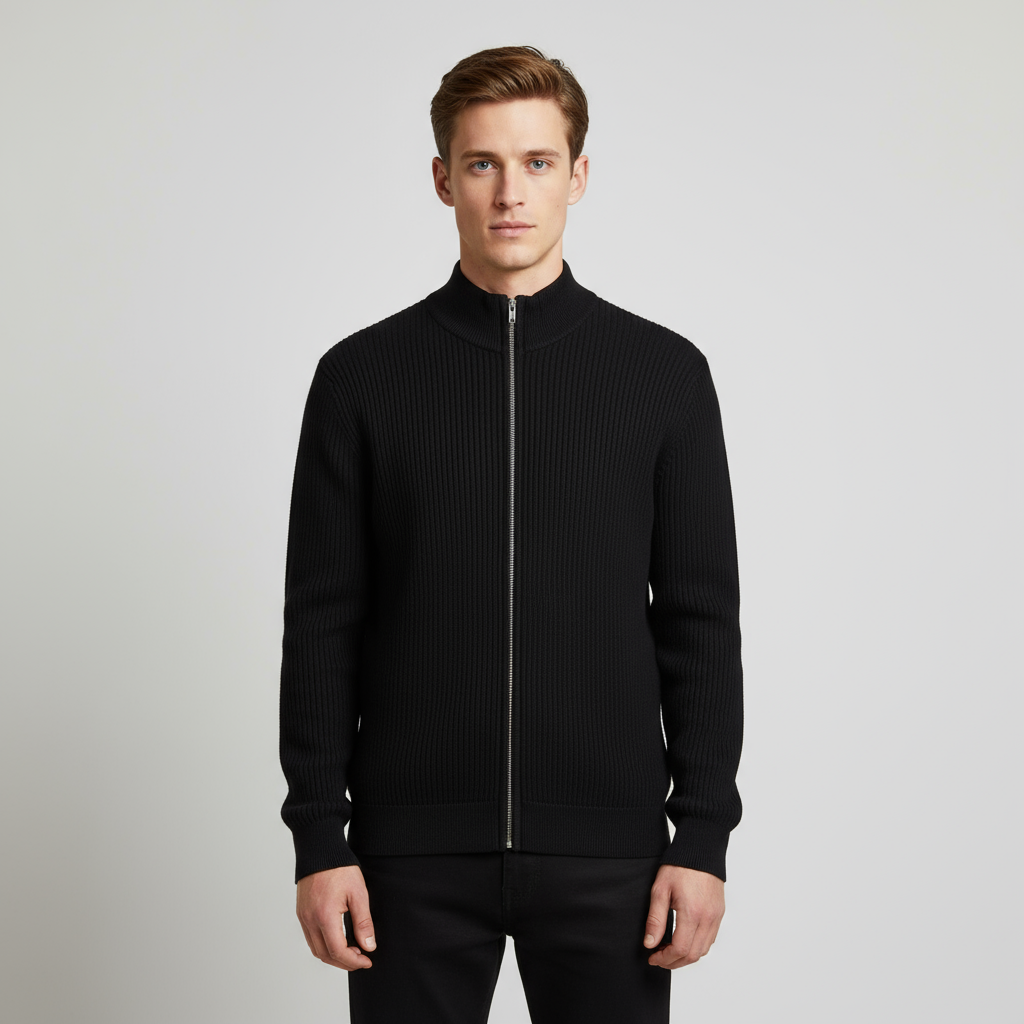 Мужская черная куртка из трикотажа в рубчик с воротником-стойкой на молнии - Индивидуальный приталенный дизайн