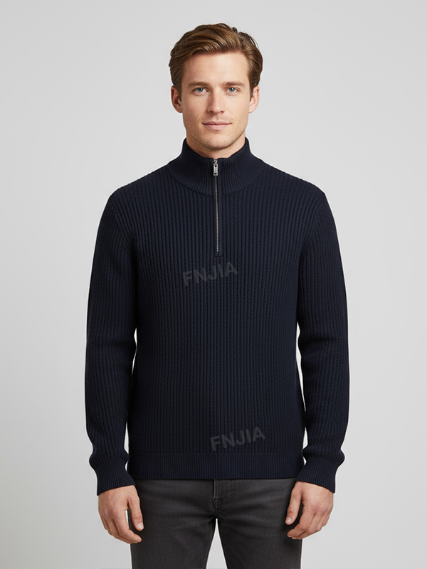 Мужской темно-синий свитер из трикотажа в рубчик с застежкой-молнией - Индивидуальный дизайн, облегающий фигуру