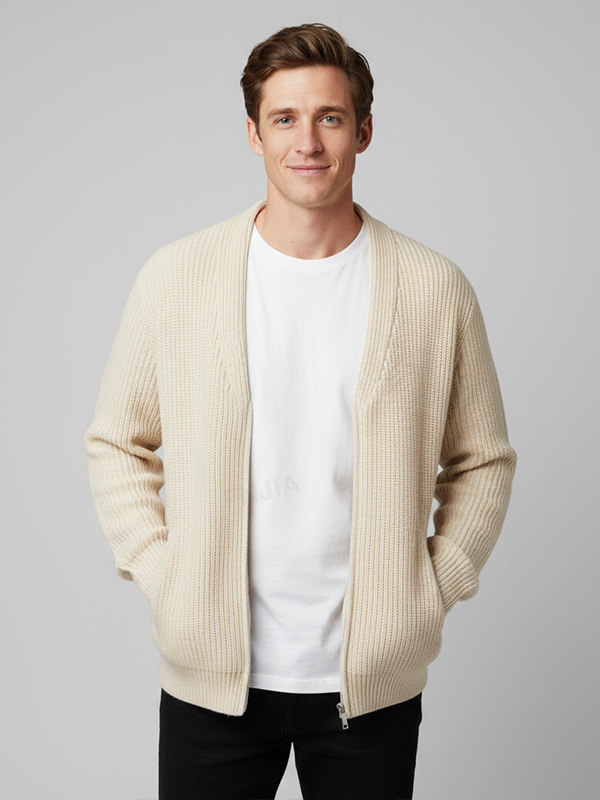 Мужской бежевый кардиган из трикотажа в рубчик на молнии - нестандартный крой Оверсайз и дизайн с карманами