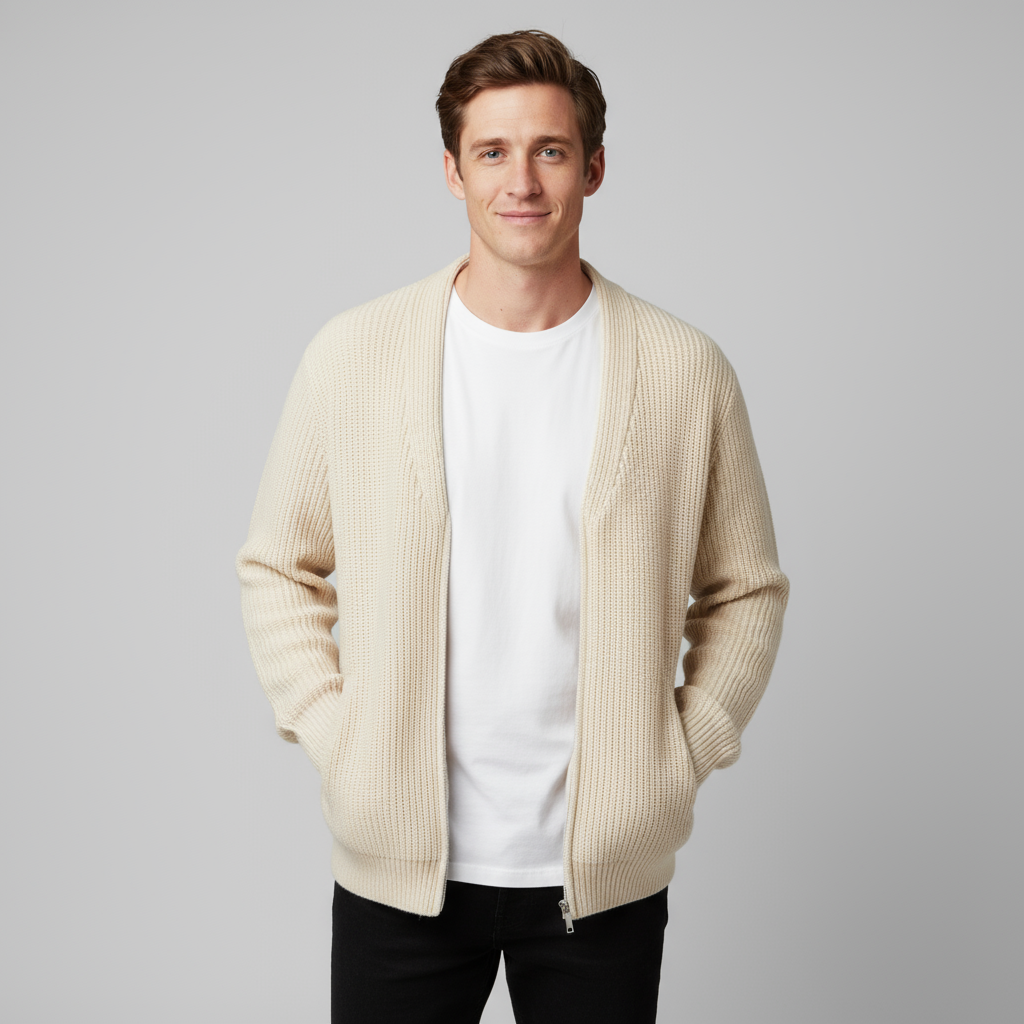 Мужской бежевый кардиган из трикотажа в рубчик на молнии - нестандартный крой Оверсайз и дизайн с карманами