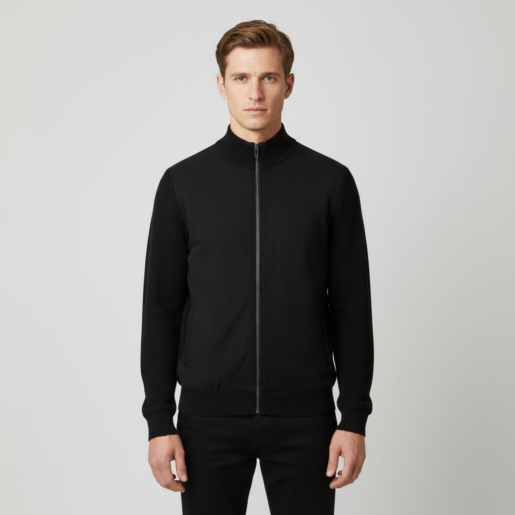 Мужская черная куртка-бомбер на молнии из смесового материала с нестандартным дизайном рукавов из трикотажа в рубчик