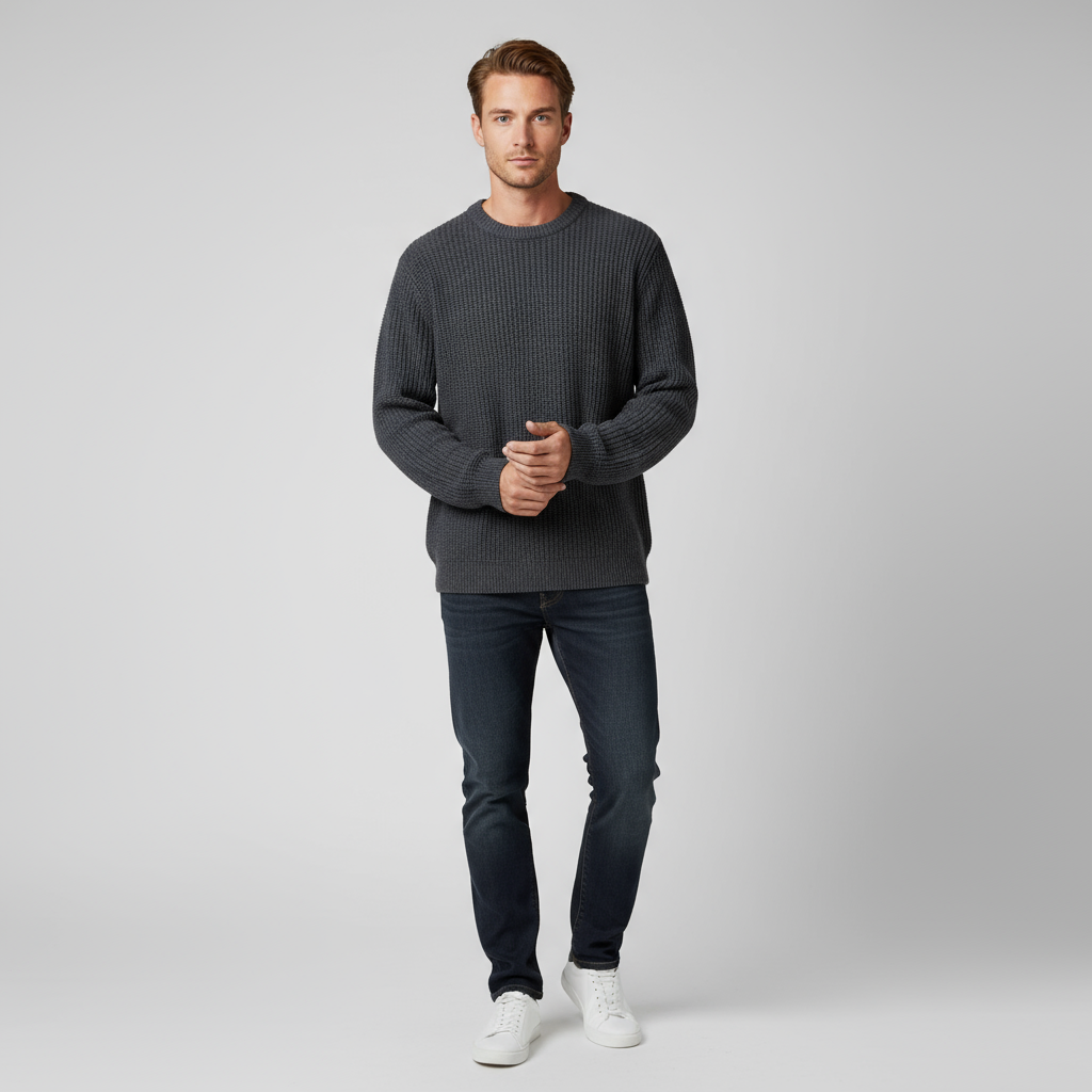 Мужской вязаный свитер с круглым вырезом в рубчик цвета древесного угля - Индивидуальный приталенный дизайн
