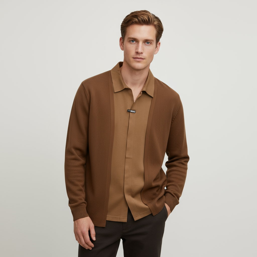 Мужской вязаный свитер-поло с многослойным воротником цвета верблюжьей шерсти - Индивидуальный дизайн "Два в одном"