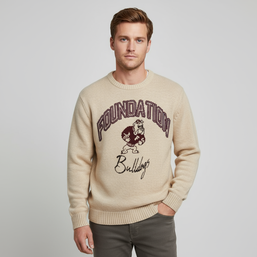 Мужской бежевый свитер вязаный с круглым вырезом "Foundation Bulldogs" с графическим рисунком - Индивидуальный студенческий дизайн
