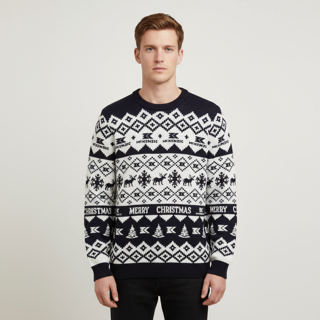 Мужской вязаный свитер Christmas Fair Isle темно-синего и белого цвета с мотивами "СЧАСТЛИВОГО РОЖДЕСТВА" - индивидуальный праздничный дизайн