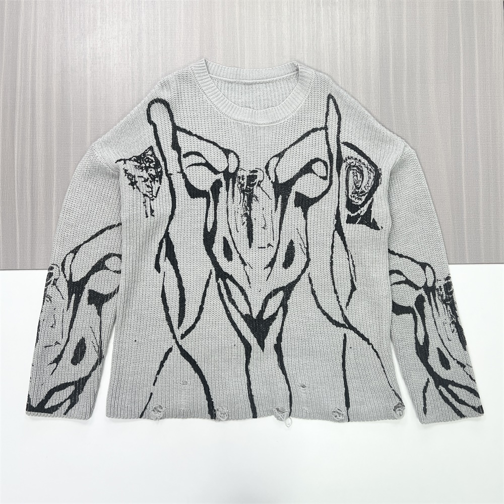 Мужской светло-серый вязаный свитер оверсайз с графическим рисунком - выполненный на заказ абстрактный арт-дизайн