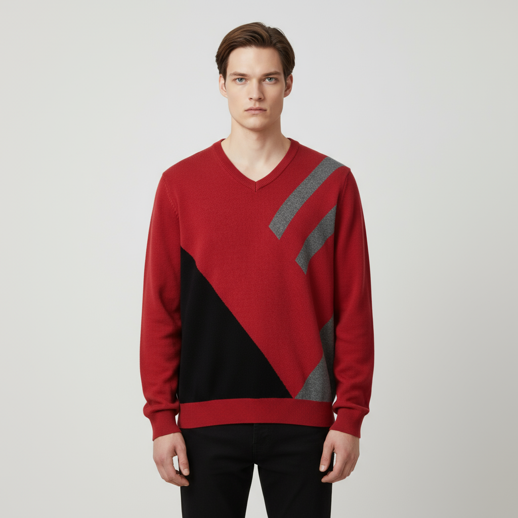 Мужской вязаный свитер бордового и черного/серого цветов с геометрическим рисунком и V-образным вырезом - Индивидуальный современный дизайн