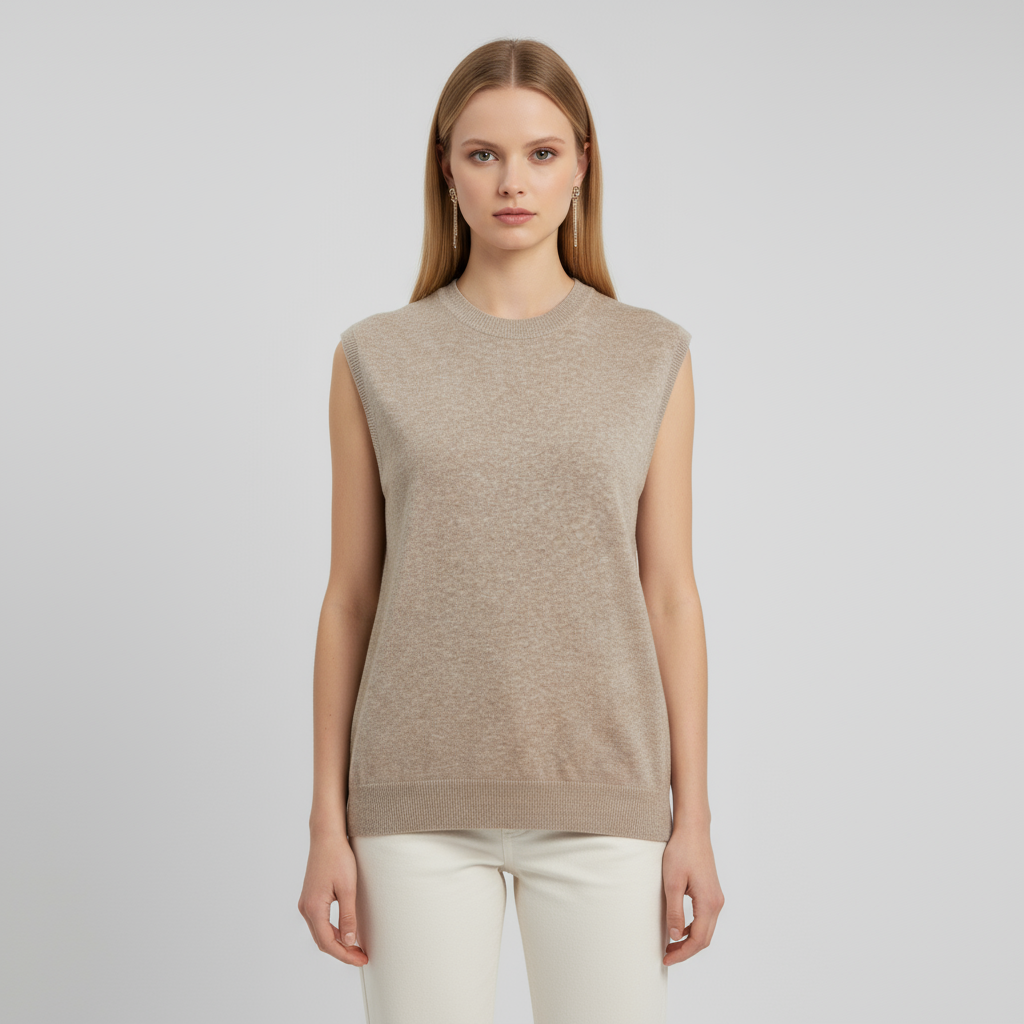 Женский бежевый вязаный жилет с круглым вырезом под мрамор - универсальный многослойный дизайн на заказ