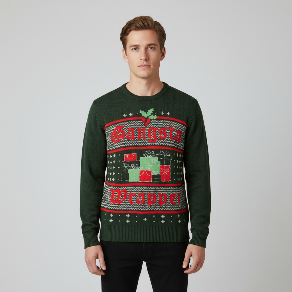 Мужской рождественский вязаный свитер "Гангста-обертка" цвета Форест Грин с юмором - Индивидуальный праздничный дизайн