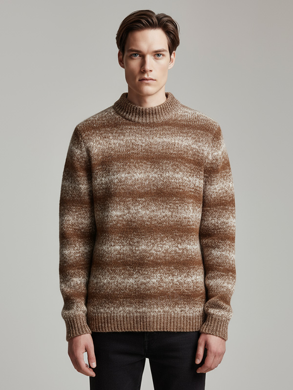 Мужской вязаный свитер с имитацией шеи в бронзовую полоску с эффектом омбре - индивидуальный текстурированный дизайн