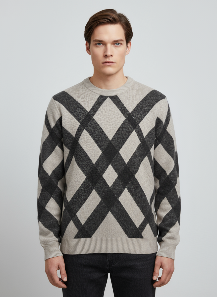 Мужской светло-бежевый и черный вязаный свитер с круглым вырезом в стиле Аргайл - классический дизайн на заказ