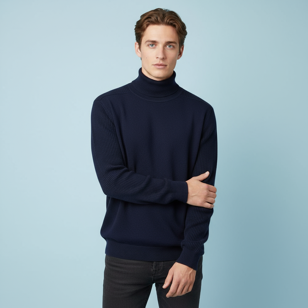 Мужской вязаный свитер с высоким воротом темно-синего цвета - индивидуальный приталенный дизайн