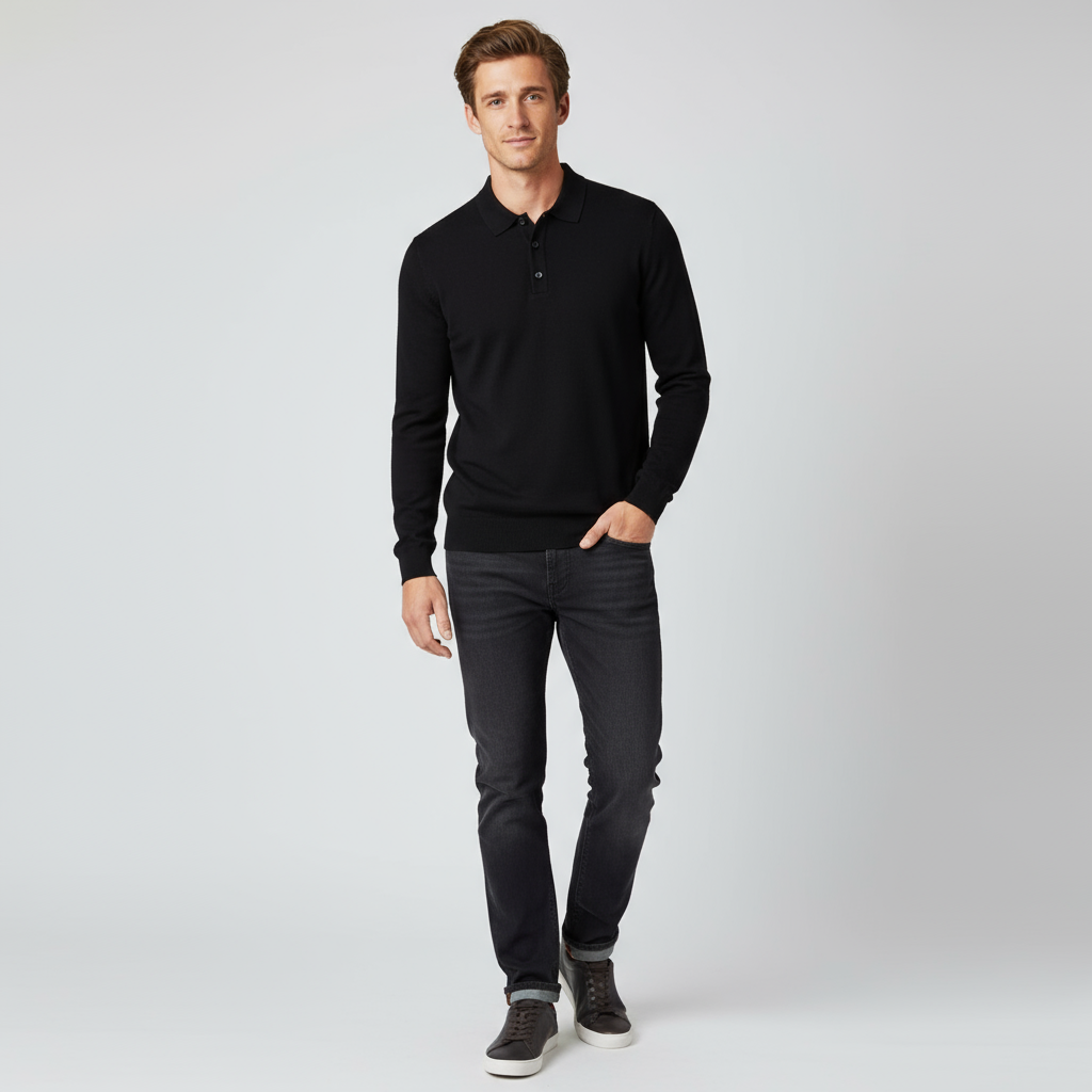 Мужской черный вязаный свитер поло с длинным рукавом - Индивидуальный дизайн, облегающий фигуру