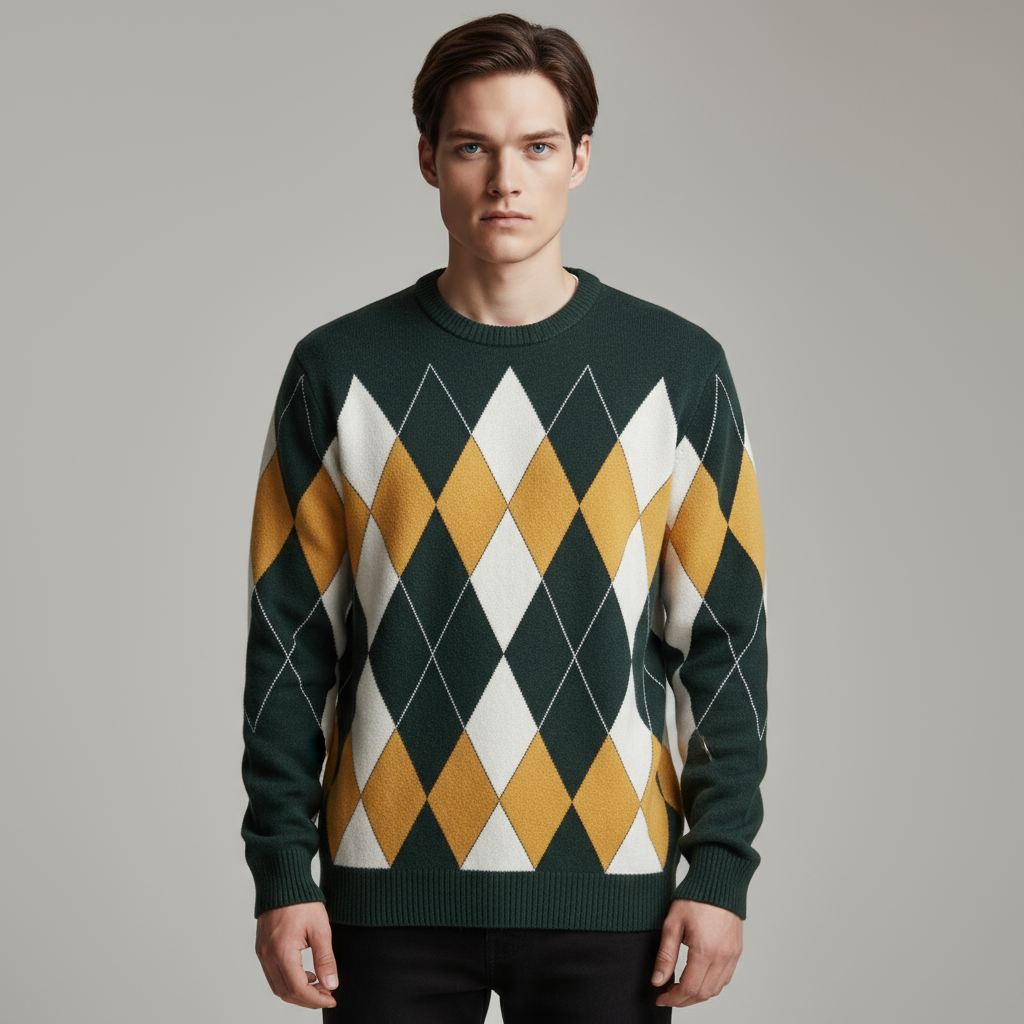 Мужской вязаный свитер с круглым вырезом и рисунком "Лесной зеленый и золотой Аргайл" - Классический дизайн на заказ