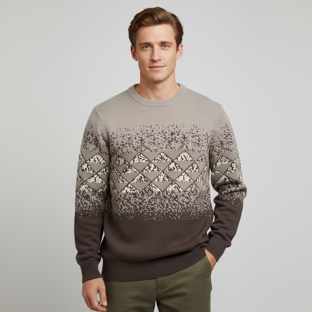 Мужской серо-коричневый вязаный свитер с круглым вырезом и рисунком Омбре - индивидуальный дизайн в стиле Аргайл и Спекл