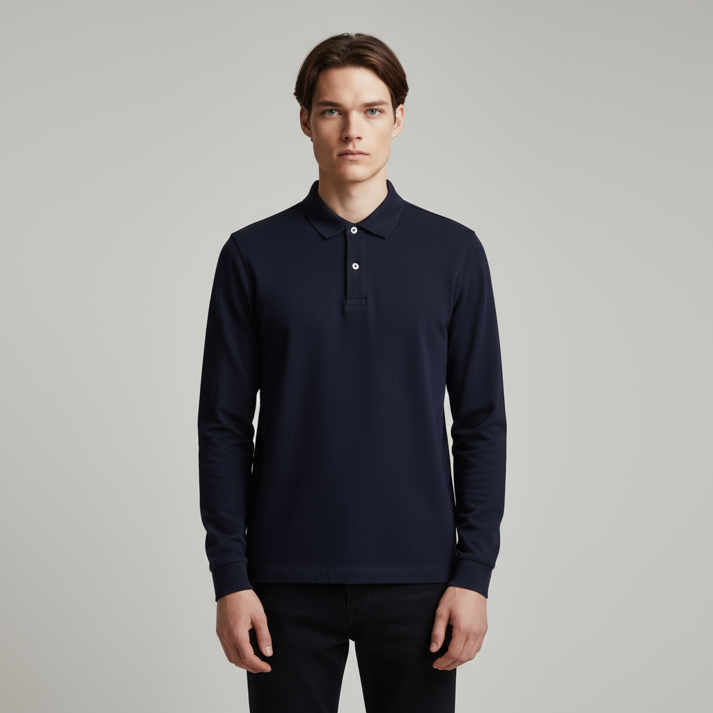 Мужская темно-синяя рубашка поло с длинным рукавом - Индивидуальный приталенный дизайн