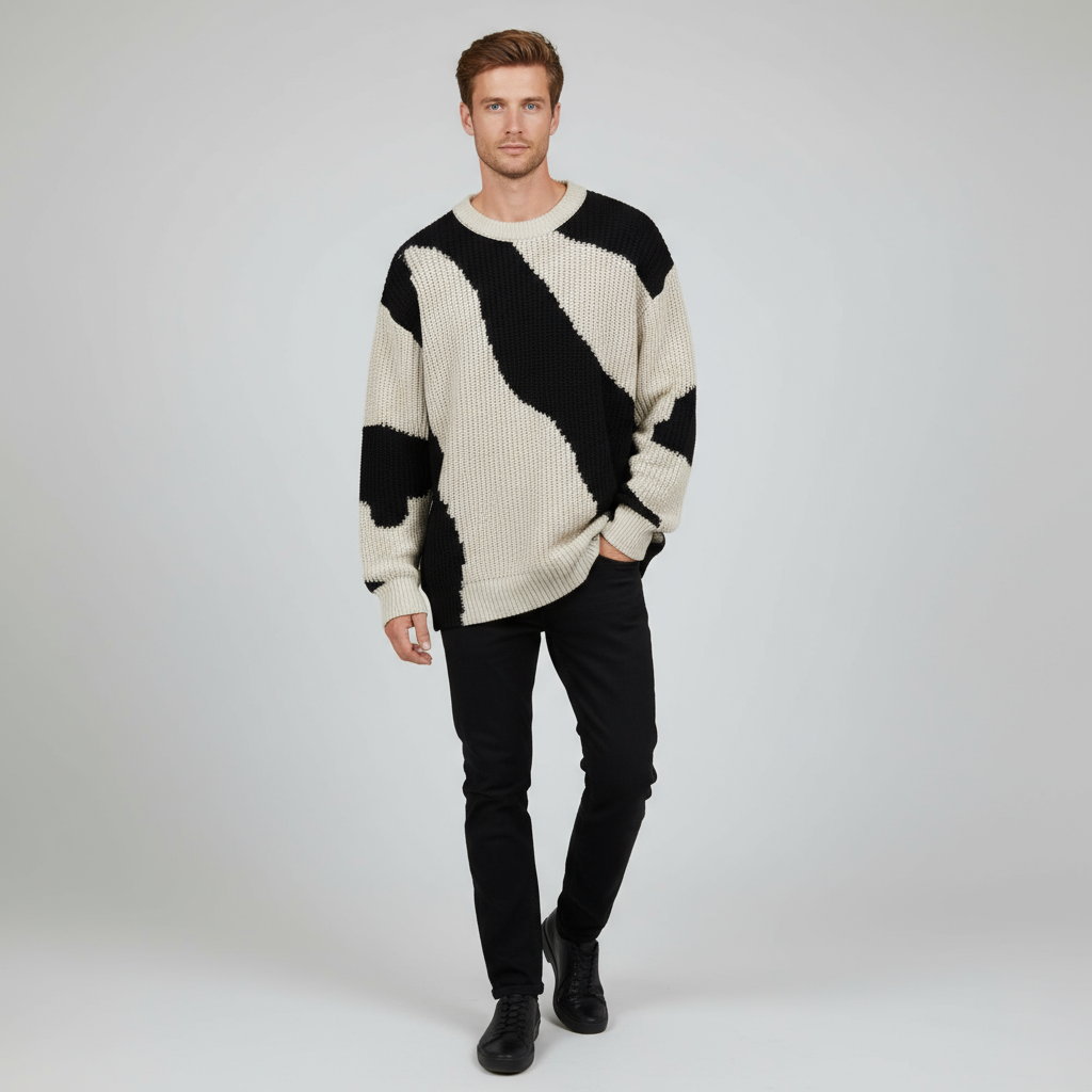 Мужской свитер объемной вязки с абстрактным волнистым рисунком черного и кремового цветов, выполненный в ярких цветовых блоках на заказ