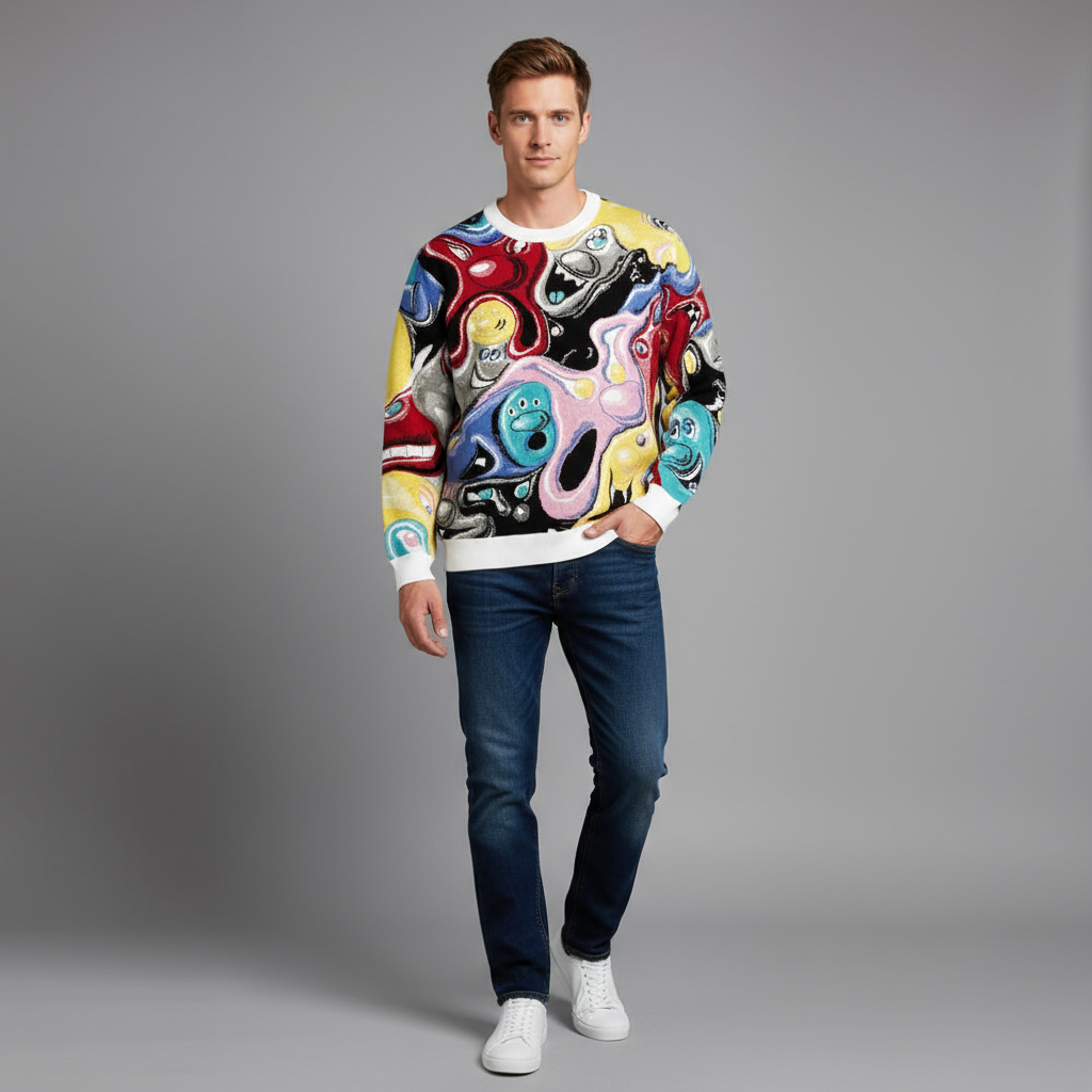 Мужской свитер с круглым вырезом и ярким абстрактным принтом в виде персонажей - Индивидуальный авангардный дизайн