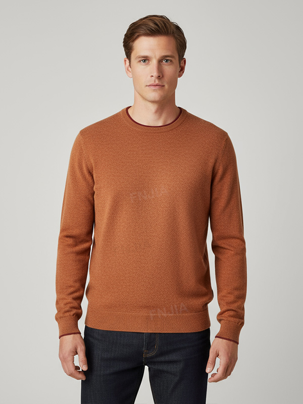 Мужской вязаный свитер с круглым вырезом и бахромой цвета ржавчины - Индивидуальный дизайн контрастной отделки