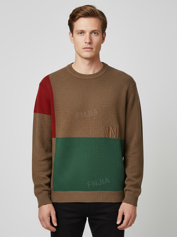 Мужской вязаный свитер верблюжьего цвета с круглым вырезом и эмблемой 