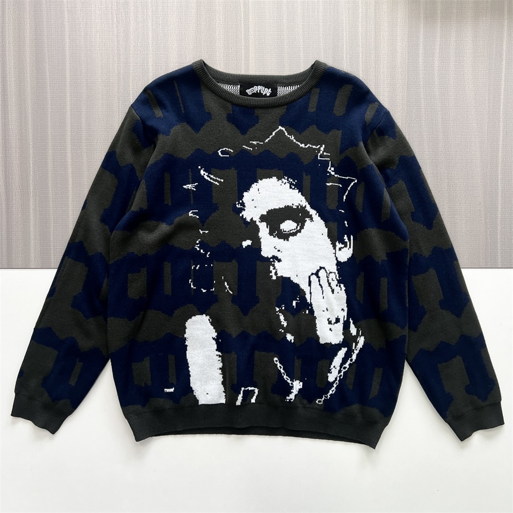 Мужской вязаный свитер темно-синего и оливкового цветов с графическим принтом персонажей - Индивидуальный дизайн оверсайз