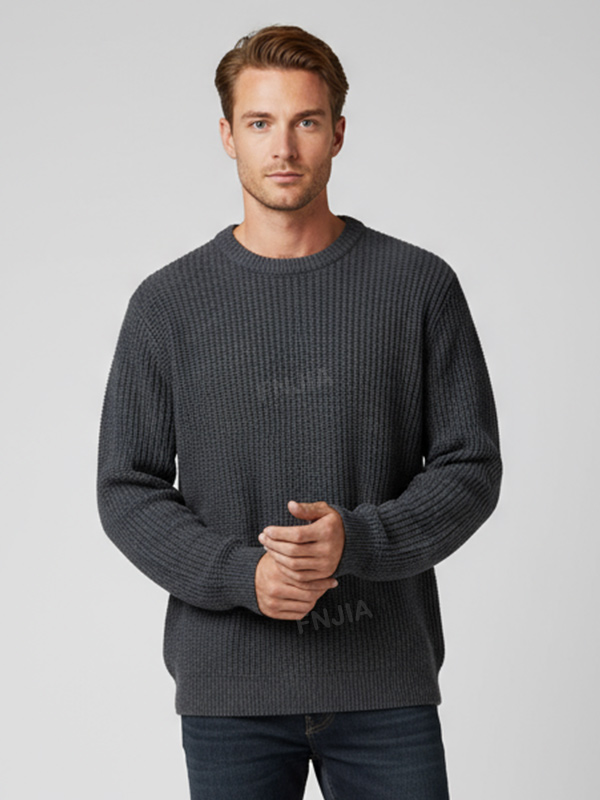 Мужской вязаный свитер с круглым вырезом в рубчик цвета древесного угля - Индивидуальный приталенный дизайн