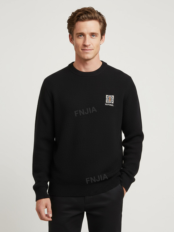 Мужской черный текстурированный вязаный свитер с круглым вырезом - Индивидуальный дизайн эмблемы