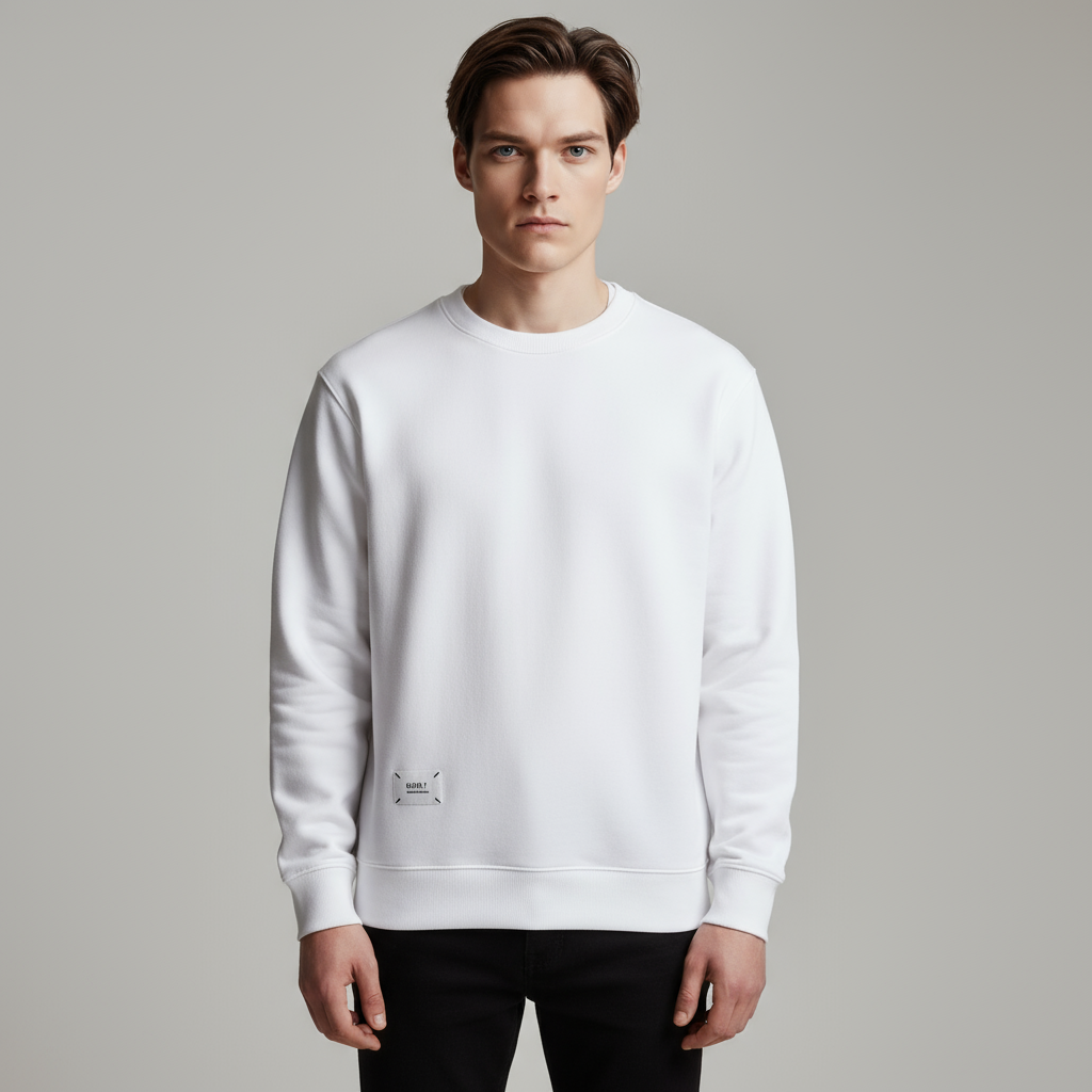 Мужская белая толстовка с круглым вырезом и минималистичным логотипом - индивидуальный сдержанный дизайн