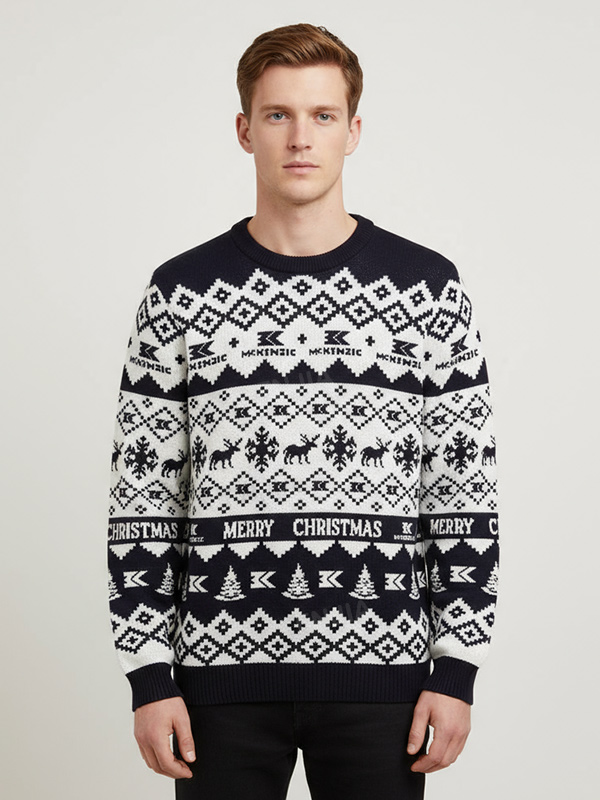 Мужской вязаный свитер Christmas Fair Isle темно-синего и белого цвета с мотивами 