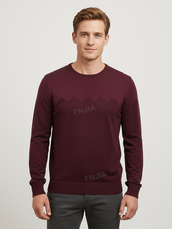 Мужской вязаный свитер с круглым вырезом и шевронами бордового цвета с текстурированным рисунком - Индивидуальный дизайн с тонким рисунком