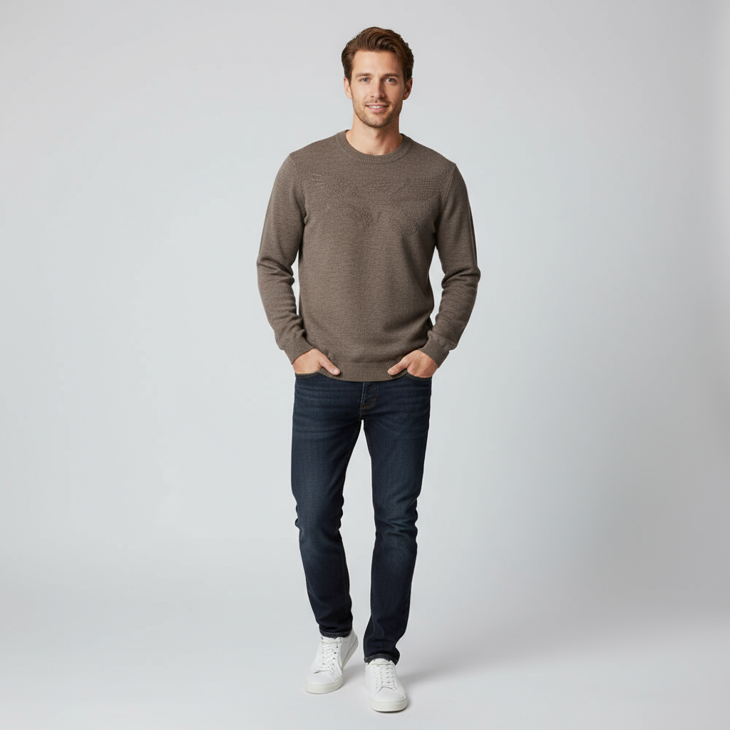 Мужской вязаный свитер с круглым вырезом и рисунком темно-серого цвета - индивидуальный дизайн свободного кроя