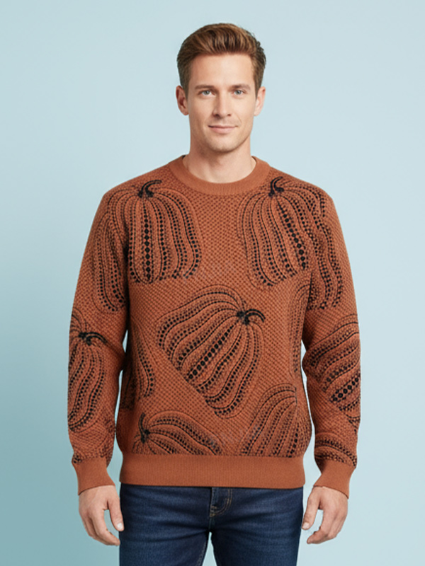 Мужской вязаный свитер с круглым вырезом и рисунком терракотовой тыквы - индивидуальный текстурированный дизайн
