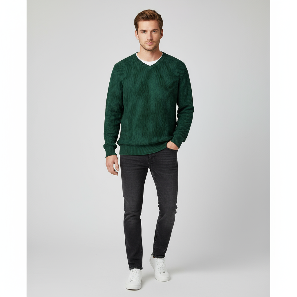 Мужской вязаный свитер с V-образным вырезом и текстурой цвета лесной зелени - Индивидуальный дизайн свободного кроя