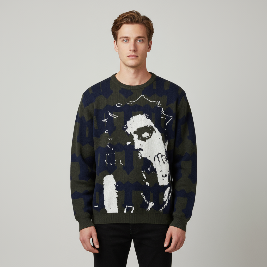 Мужской вязаный свитер темно-синего и оливкового цветов с графическим принтом персонажей - Индивидуальный дизайн оверсайз