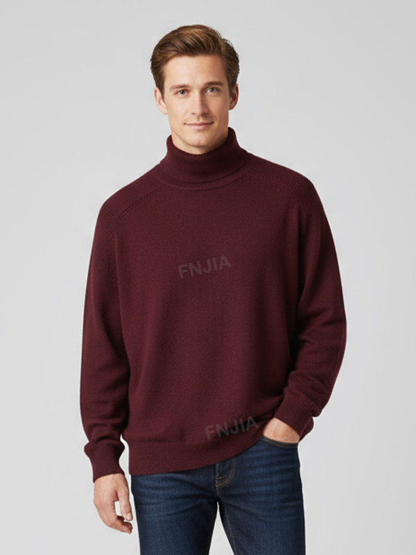 Мужской вязаный свитер-водолазка бордового цвета с высоким воротом - Индивидуальный дизайн свободного кроя