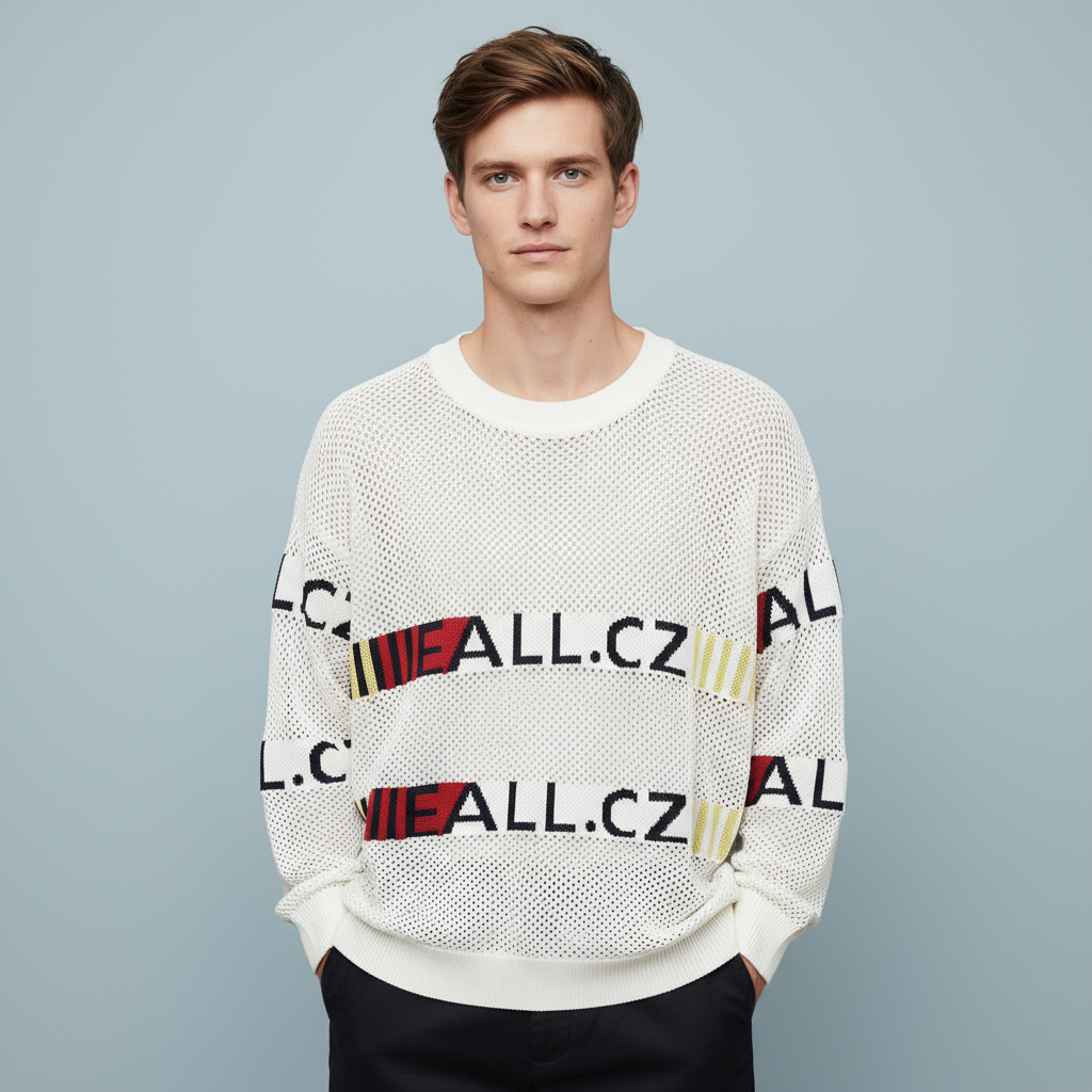 Мужской белый свитер сетчатой вязки с графическими полосками - Индивидуальный дизайн оверсайз