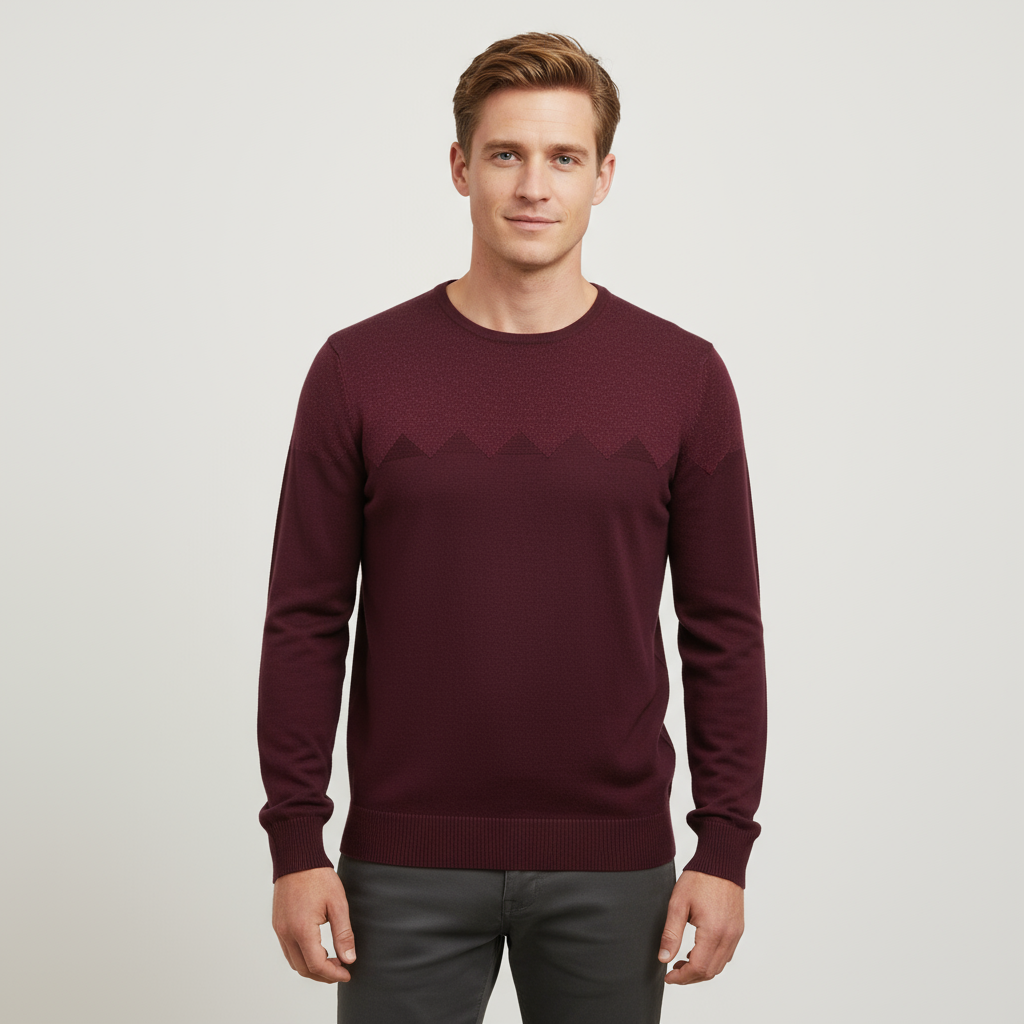 Мужской вязаный свитер с круглым вырезом и шевронами бордового цвета с текстурированным рисунком - Индивидуальный дизайн с тонким рисунком