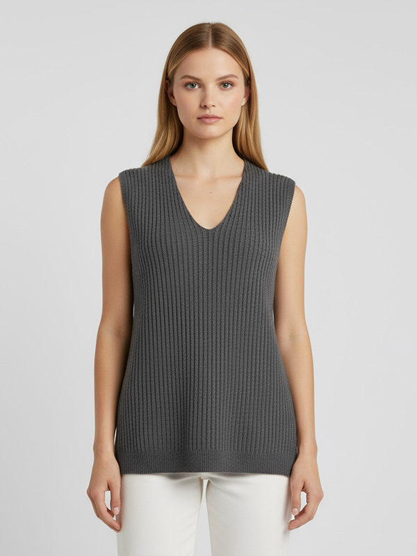 Женский вязаный жилет в рубчик цвета древесного угля с V-образным вырезом - индивидуальный элегантный многослойный дизайн