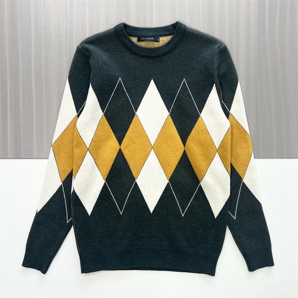 Мужской вязаный свитер с круглым вырезом и рисунком "Лесной зеленый и золотой Аргайл" - Классический дизайн на заказ