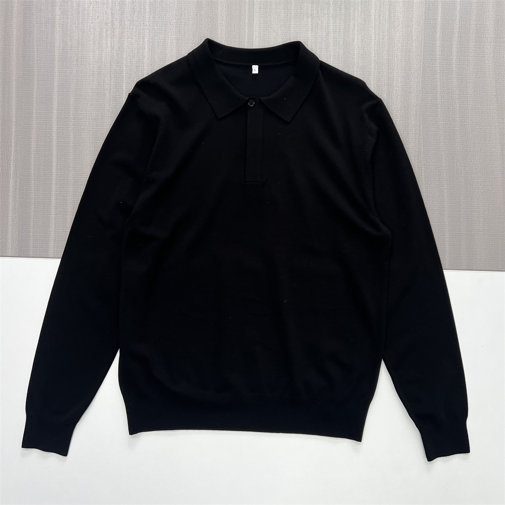 Мужской черный вязаный свитер поло с длинным рукавом - Индивидуальный дизайн, облегающий фигуру