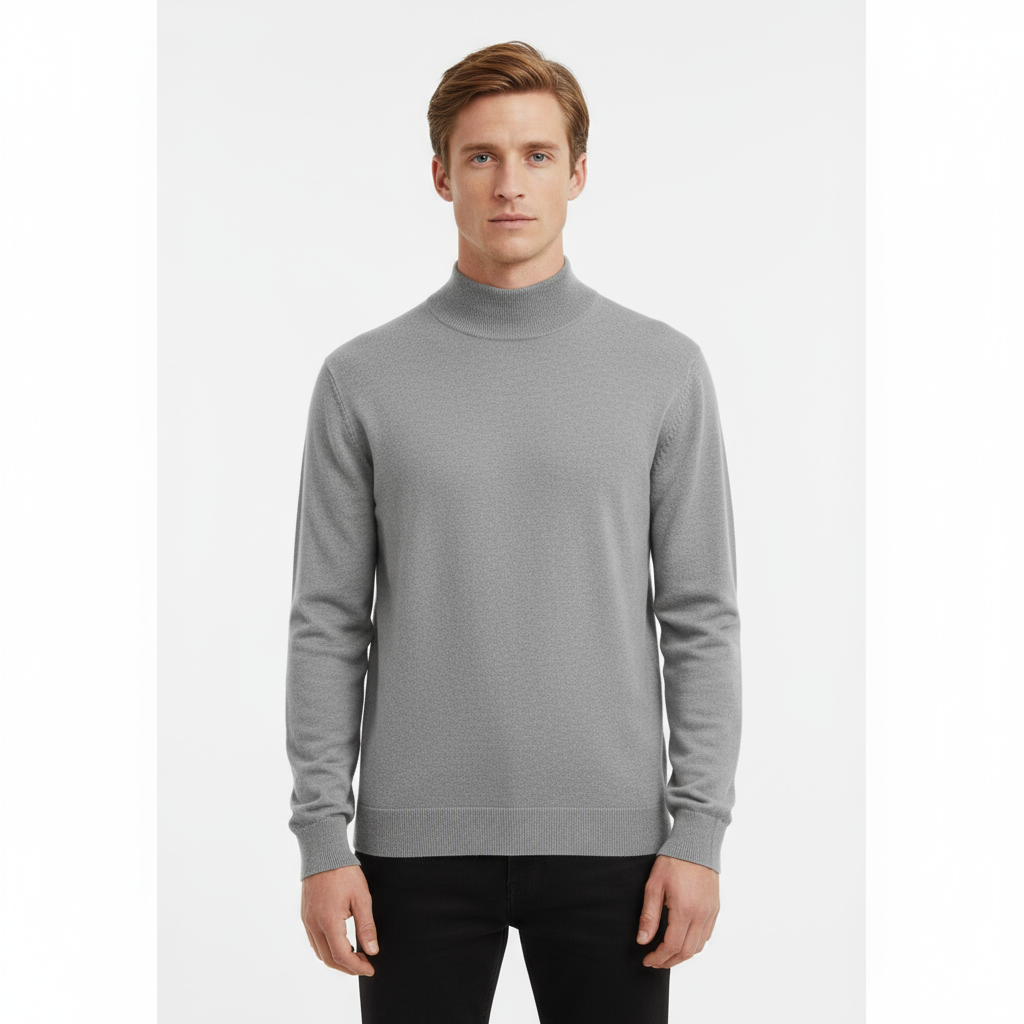 Мужской светло-серый вязаный свитер-водолазка свободного кроя с высоким воротом - Индивидуальный минималистский дизайн