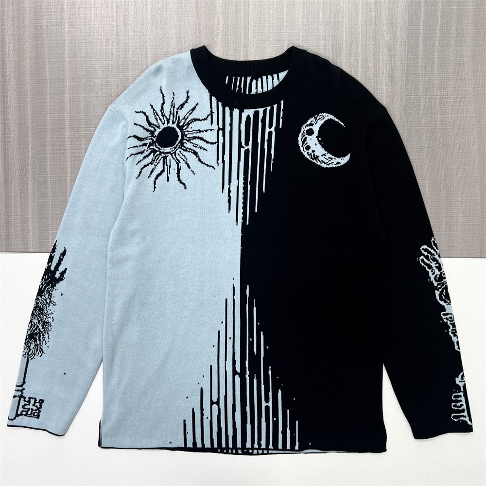 Мужской светло-голубой и черный вязаный свитер оверсайз в стиле Инь-Ян - индивидуальный художественный дизайн