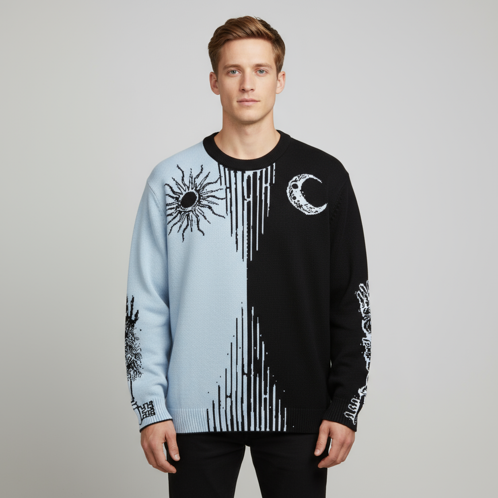 Мужской светло-голубой и черный вязаный свитер оверсайз в стиле Инь-Ян - индивидуальный художественный дизайн