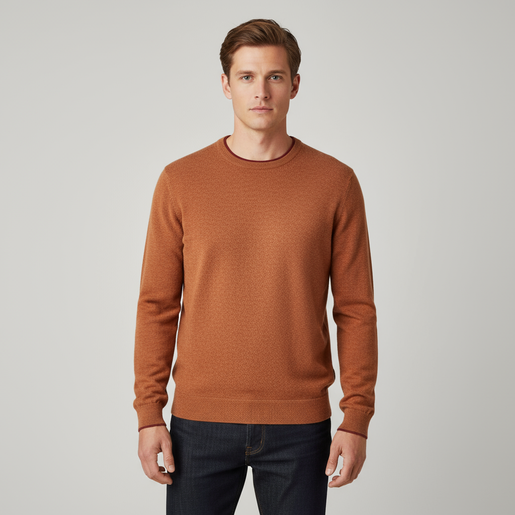 Мужской вязаный свитер с круглым вырезом и бахромой цвета ржавчины - Индивидуальный дизайн контрастной отделки